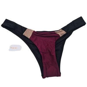 PilyQ Womens M Tiny Scrunch Bikini Bottom Black Maroon Swimwear MSRP $68 New